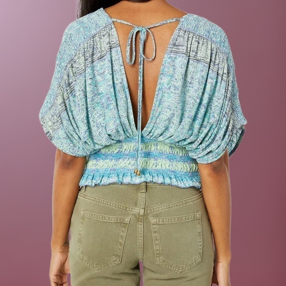 FREE PEOPLE Next Vacation Deep V-Neck Open Back Smocked Waist Top NWT/MD - Picture 8 of 14